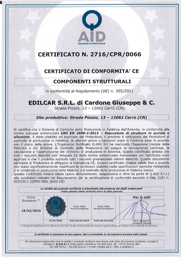 Certificato di conformità CE 1090