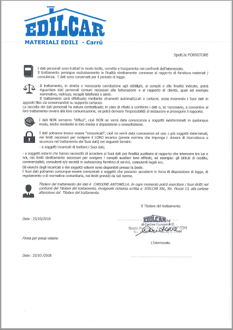 Informativa Fornitori